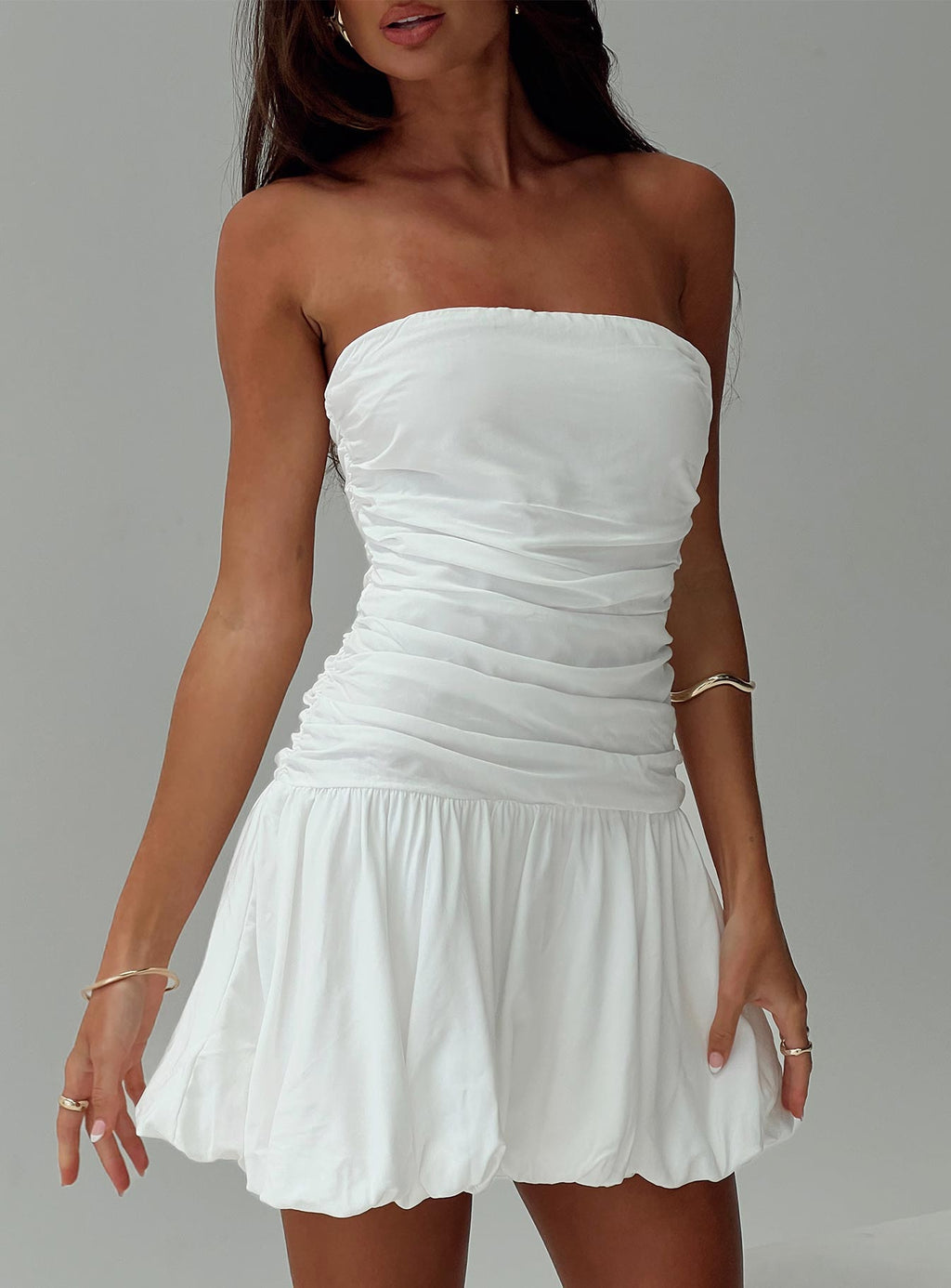 Glamour Girl Strapless Bubble Hem Mini Dress White