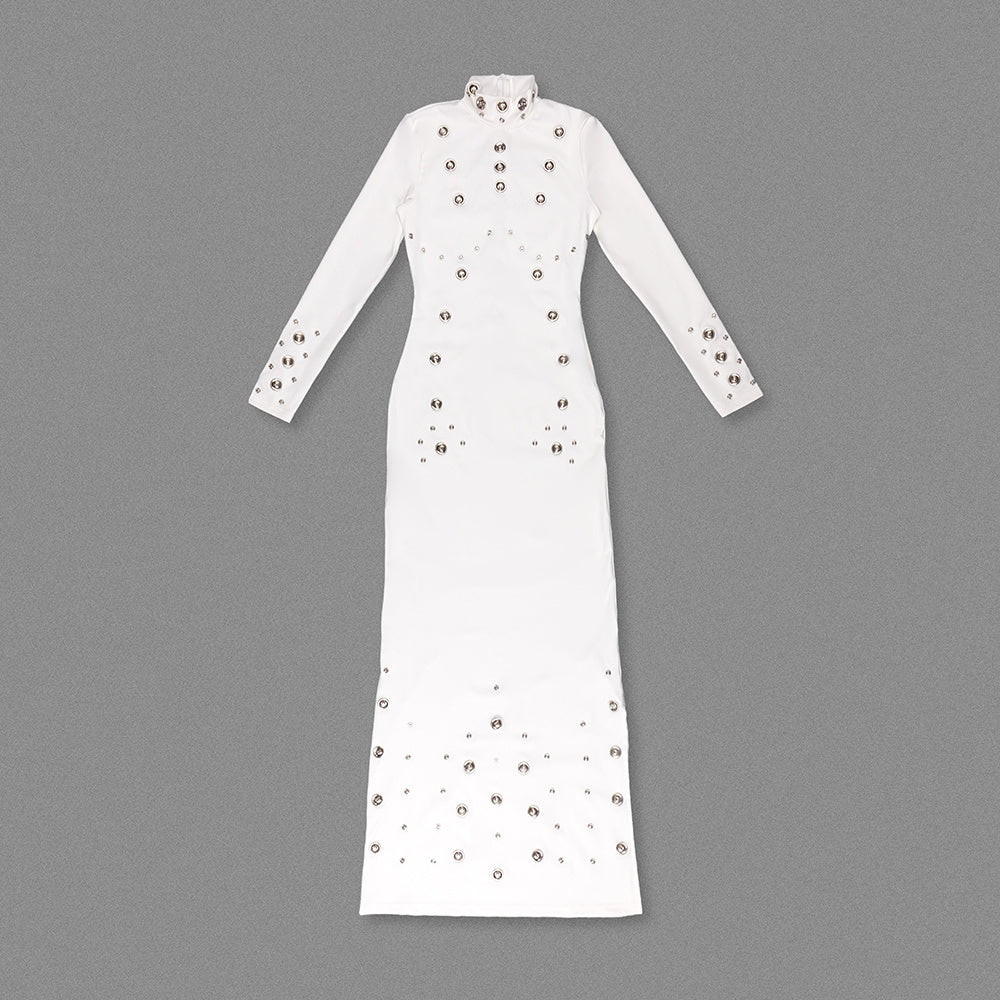 Turtleneck Embellished Slim-Fit Maxi Gown (Black/White)