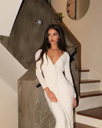 White long-sleeved deep V-neck pleated dress