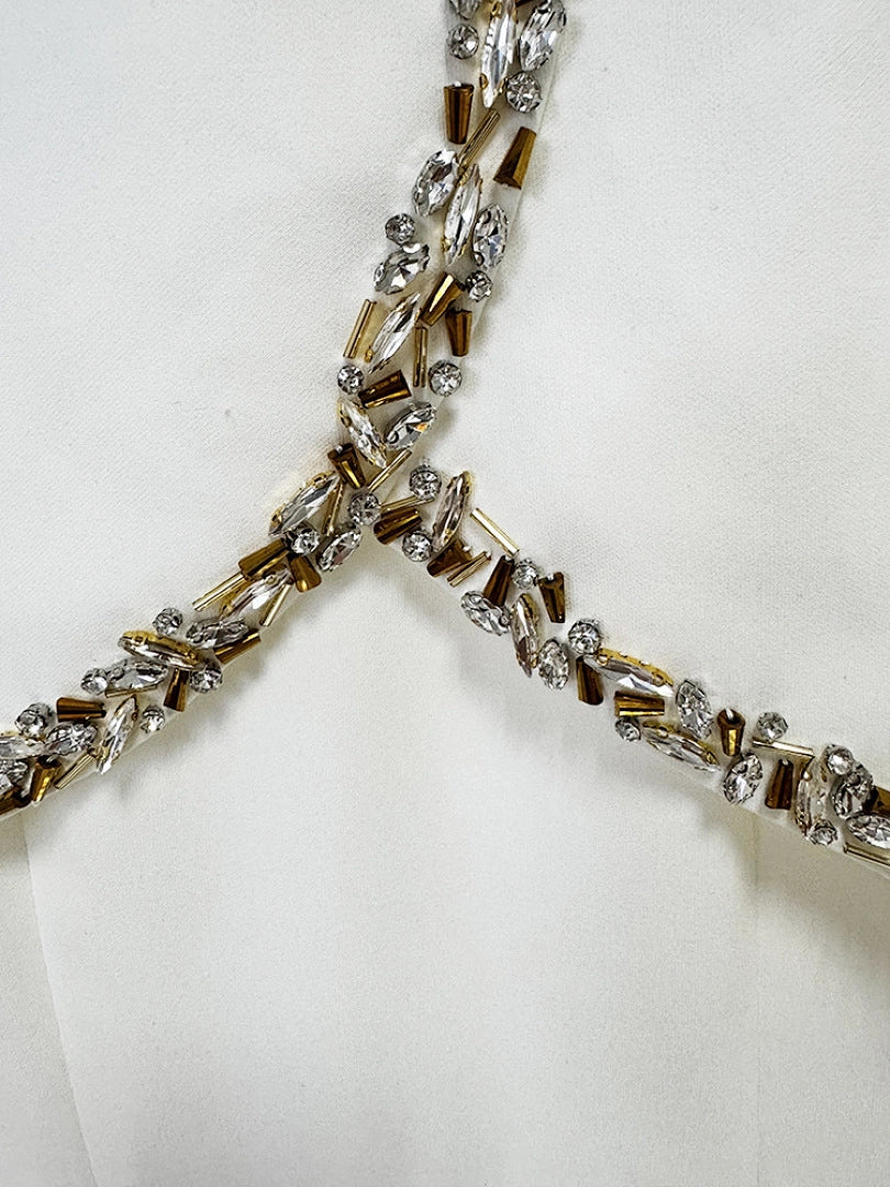 Navy Blue Satin Evening Gown with Crystal Embellishments & Sweetheart Neckline