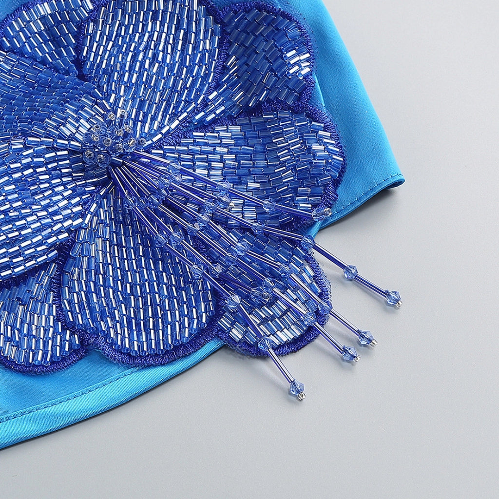 Black Satin Sequin A-Line Evening Gown with V-Neck & Open Back