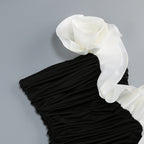 Black Satin A-Line Evening Gown with Sequin V-Neck & Chapel Train