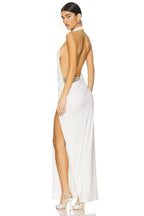 White Halter Backless Embellished Slit Maxi Gown