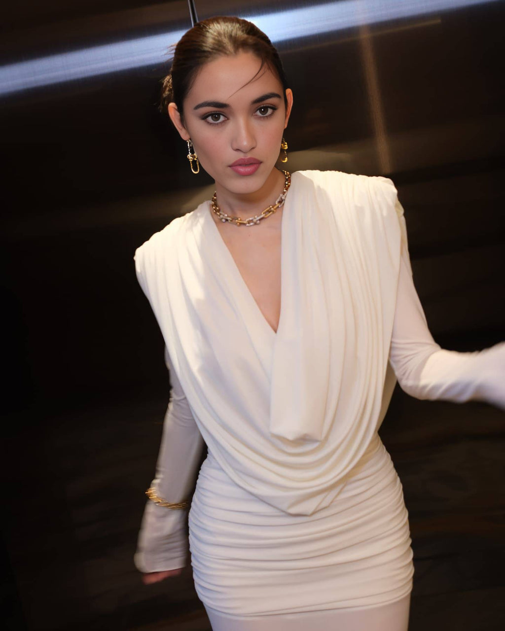 White Draped Cowl-Neck Mermaid Gown