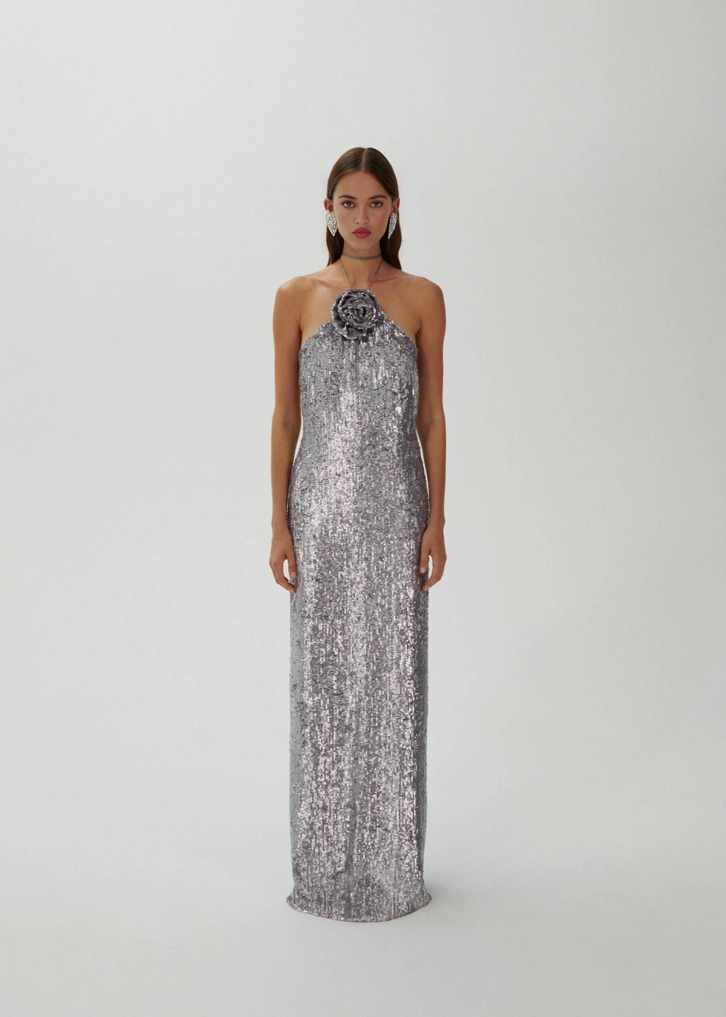 Silver Sequin Halter Gown