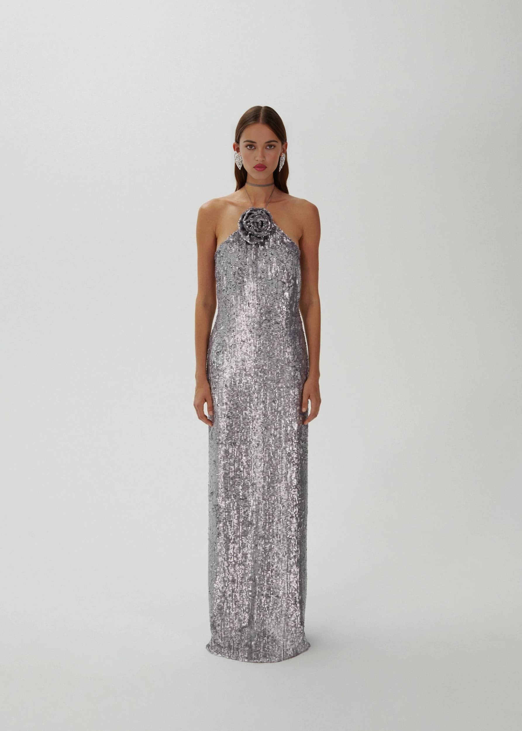 Silver Sequin Halter Gown