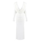 White Draped Cowl-Neck Mermaid Gown