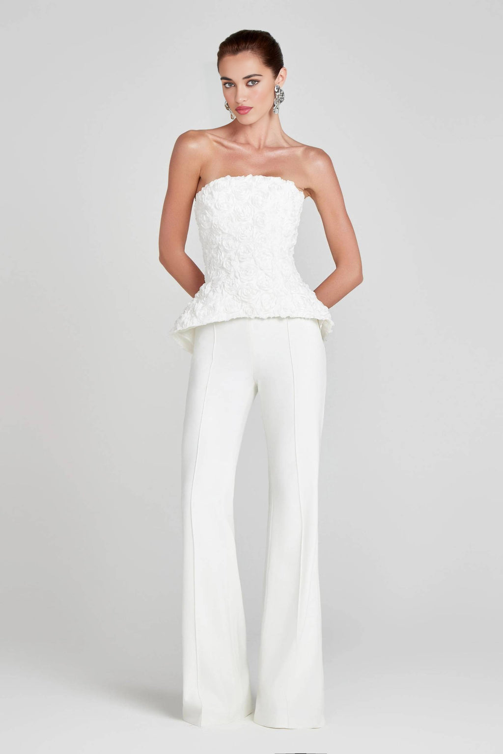 White Textured Rose Strapless Peplum Top & Wide-Leg Pants Set