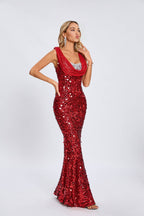 Crimson Sequin Cowl-Neck Gown