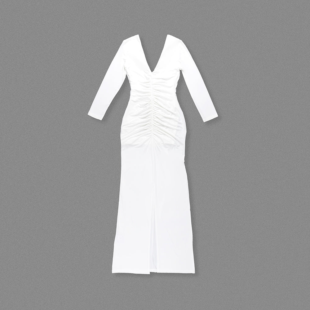 White long-sleeved deep V-neck pleated dress