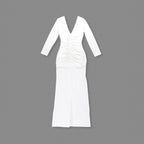 White long-sleeved deep V-neck pleated dress