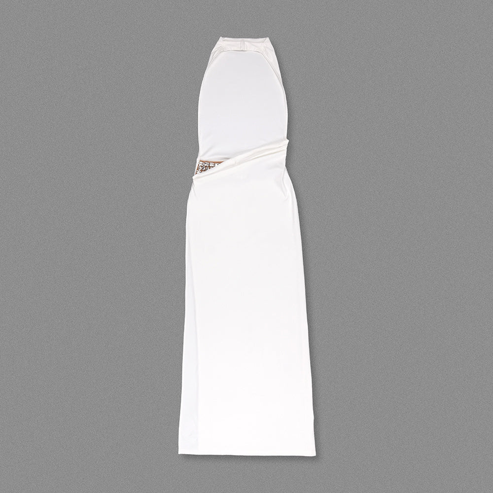 White Halter Backless Embellished Slit Maxi Gown