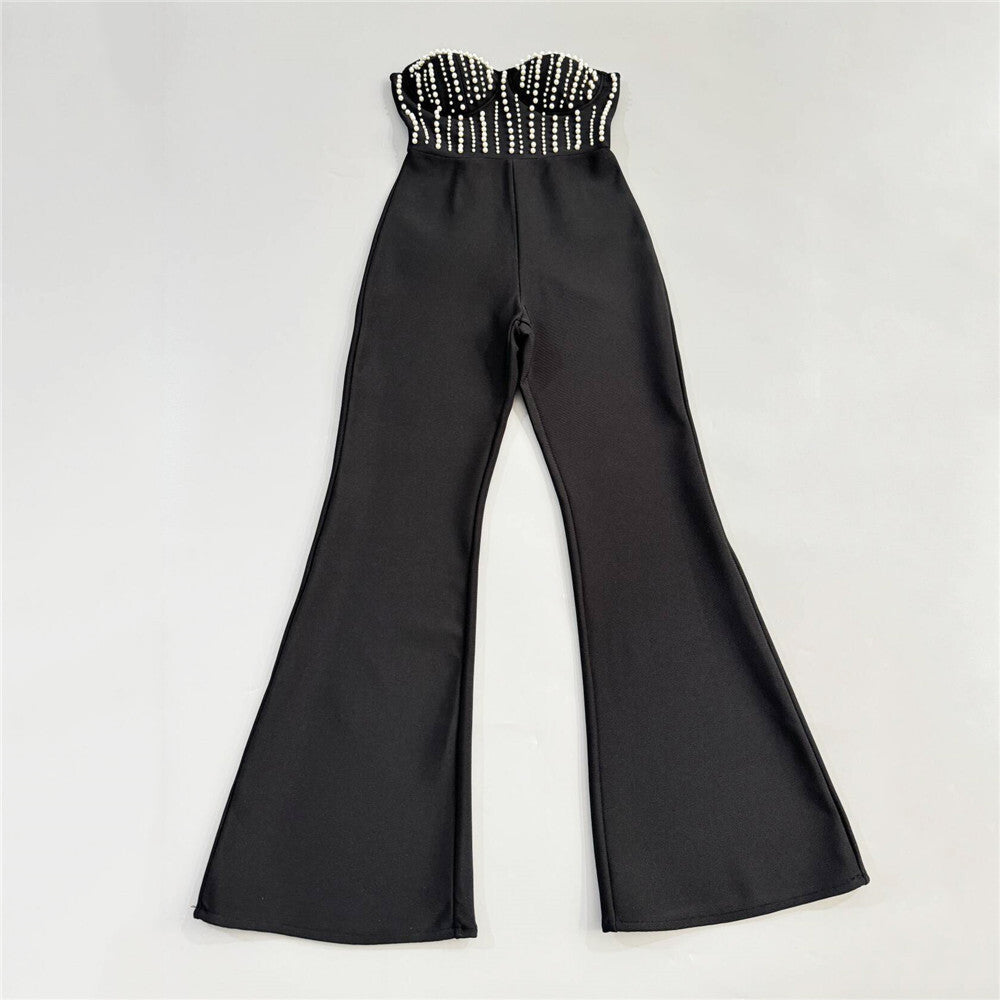 Black Pearl-Embellished Strapless Bustier & Flared Wide-Leg Pants Set