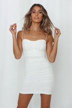 VersaChic Ruched Bodycon Mini Dress (White & Hot Pink)