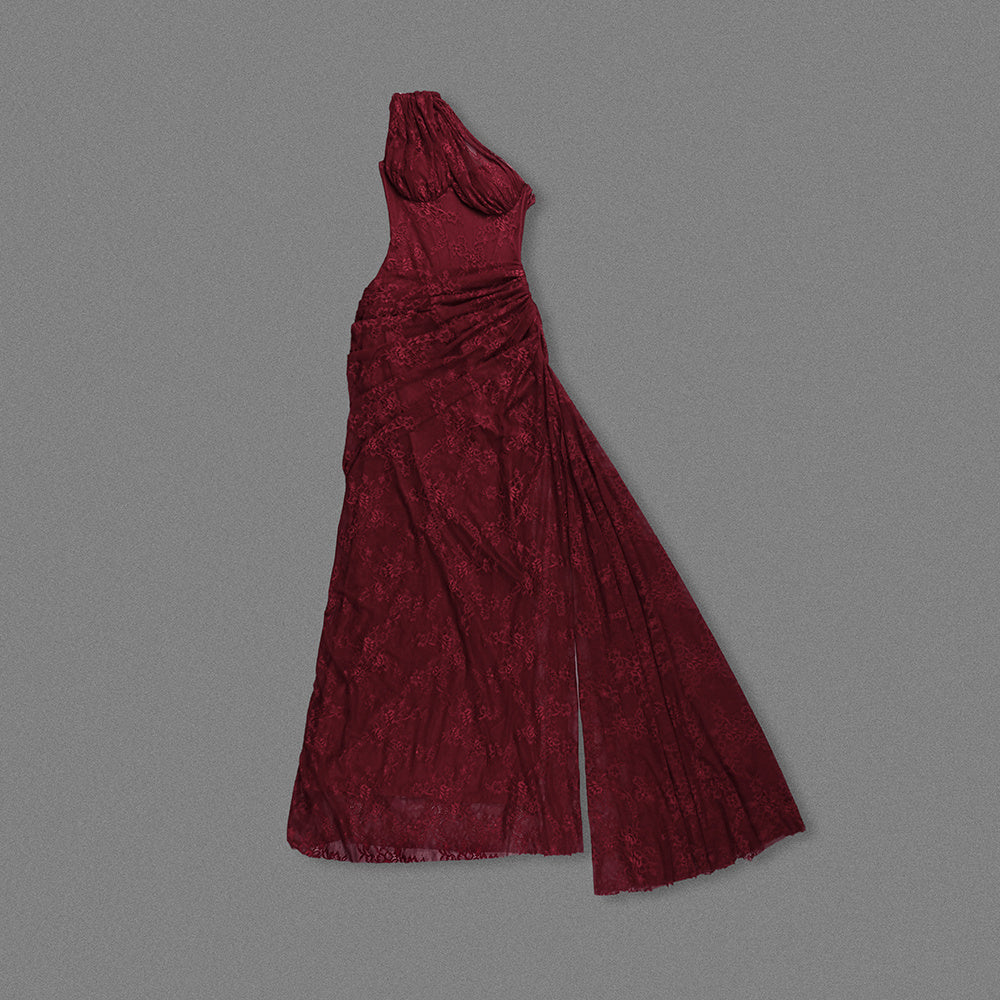 Burgundy One-Shoulder Lace Evening Gown