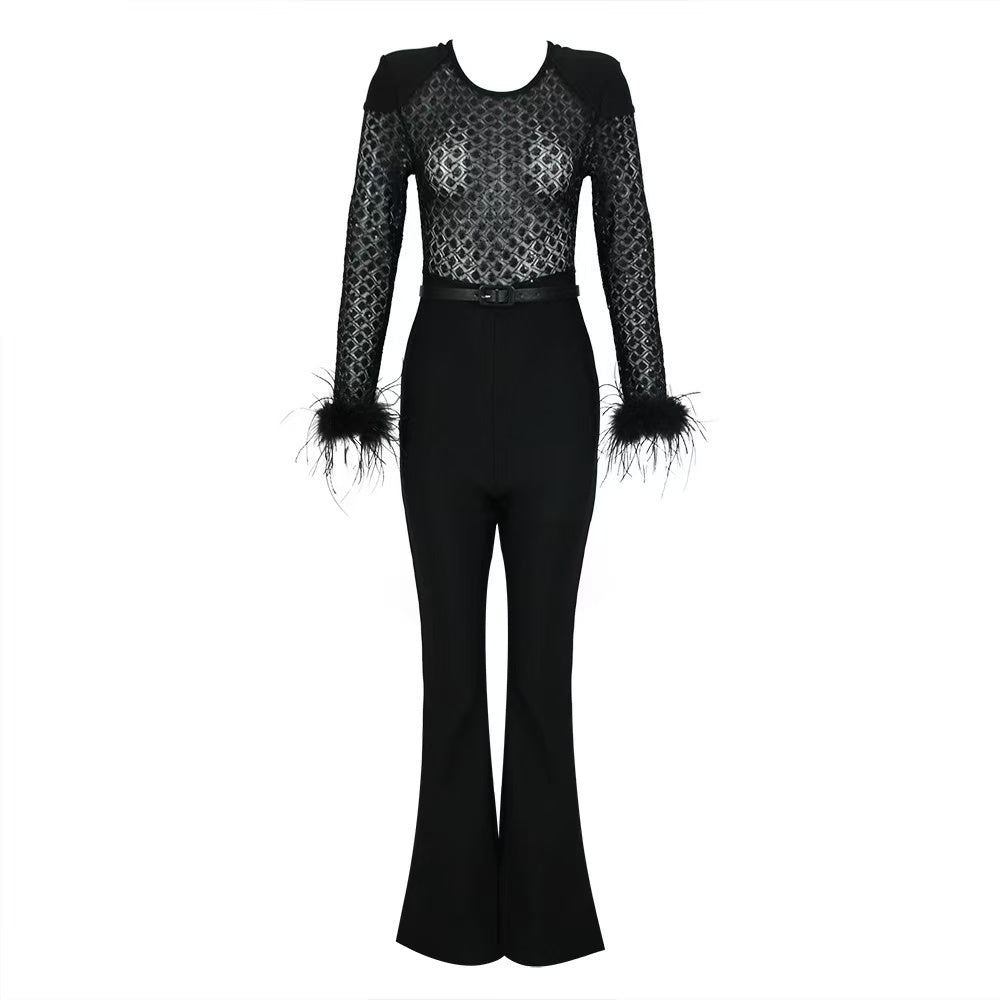 Black Lace Sequin Jumpsuit with Feather Cuffs & Wide-Leg Pants