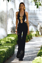 Black Halter Neck Cutout Wide-Leg Jumpsuit with Gold Rose Embellishment