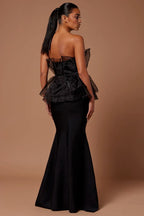 Black Strapless Tulle Ruffle Peplum Mermaid Gown
