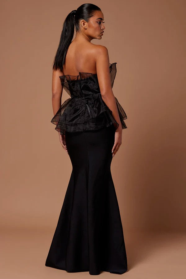 Black Strapless Tulle Ruffle Peplum Mermaid Gown
