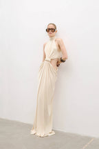 Cream Halter Cutout Ruched Maxi Gown