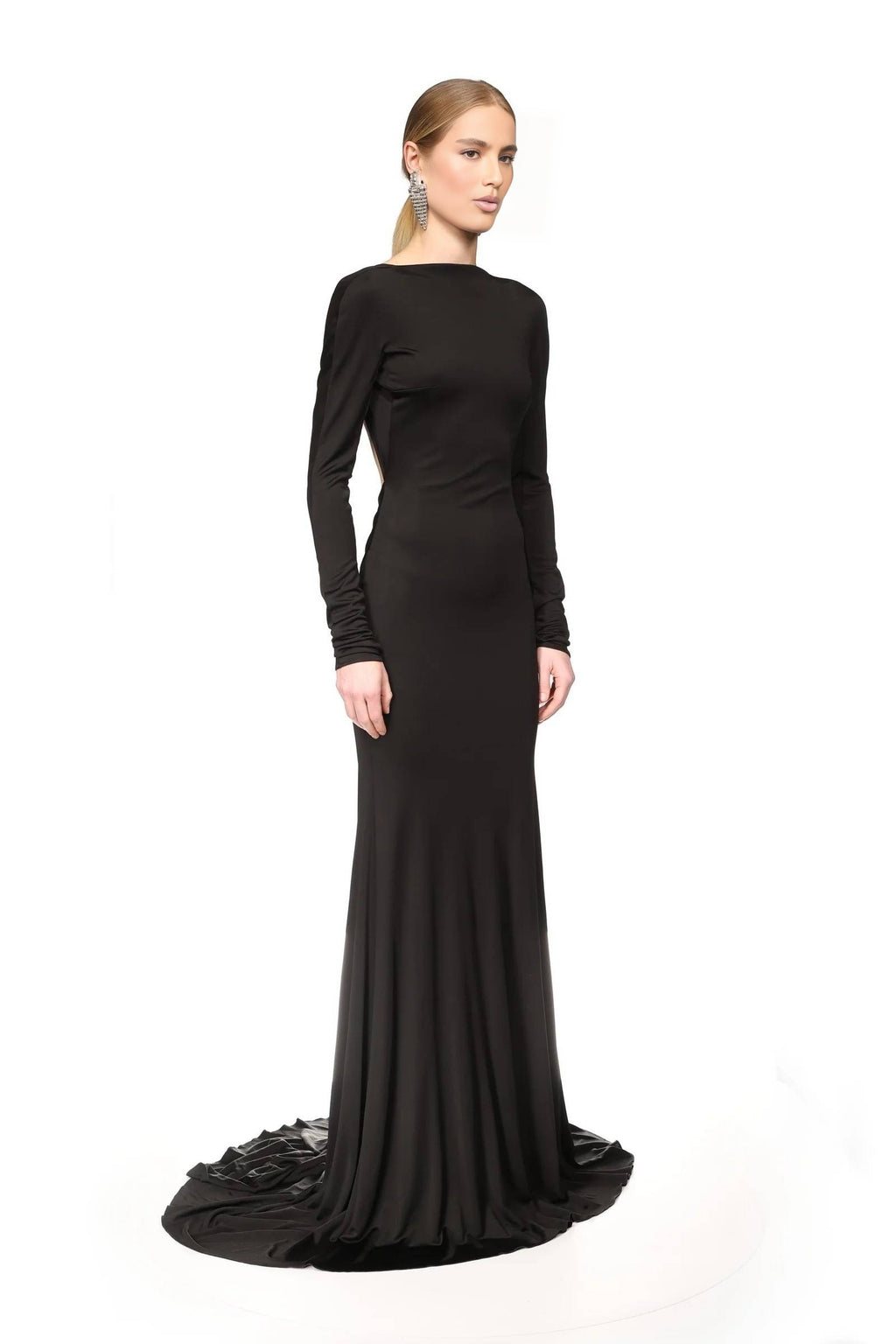 Black Long-Sleeve Deep V Back Mermaid Gown