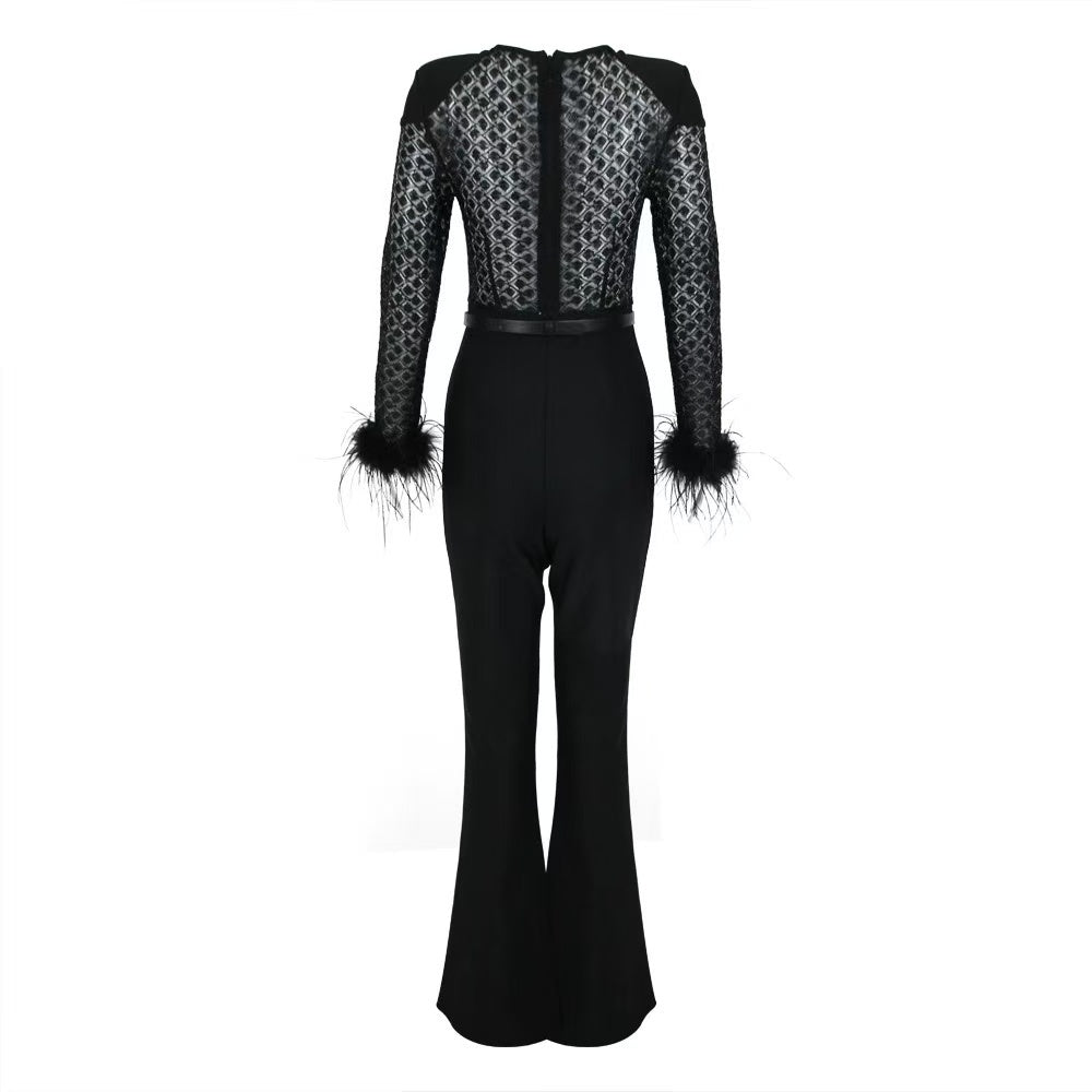 Black Lace Sequin Jumpsuit with Feather Cuffs & Wide-Leg Pants