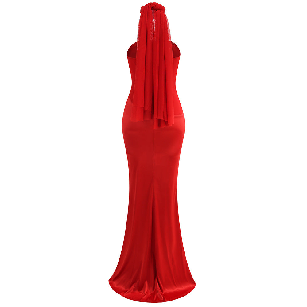 Crimson Satin Strapless Gown