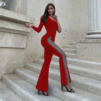 Luxury One-Shoulder Mesh Panel Flared Jumpsuit (Black/White/Red/Green)