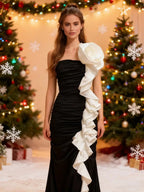 Black Satin A-Line Evening Gown with Sequin V-Neck & Chapel Train