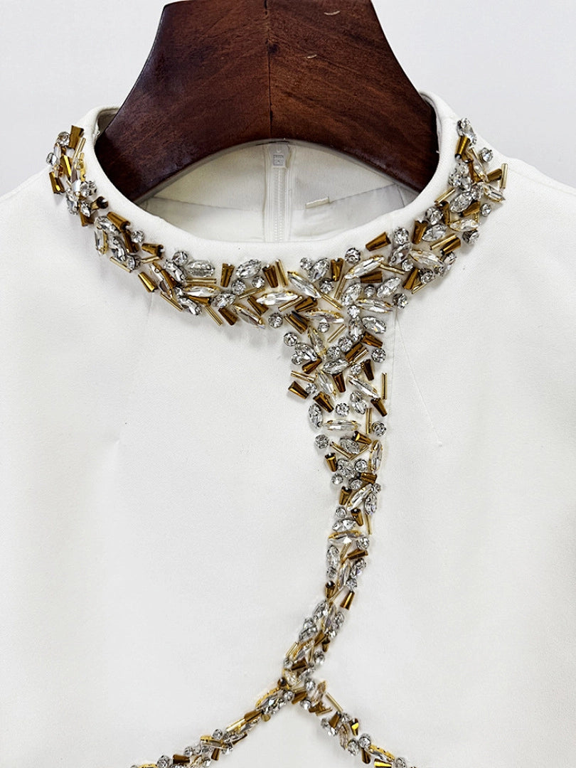 Navy Blue Satin Evening Gown with Crystal Embellishments & Sweetheart Neckline