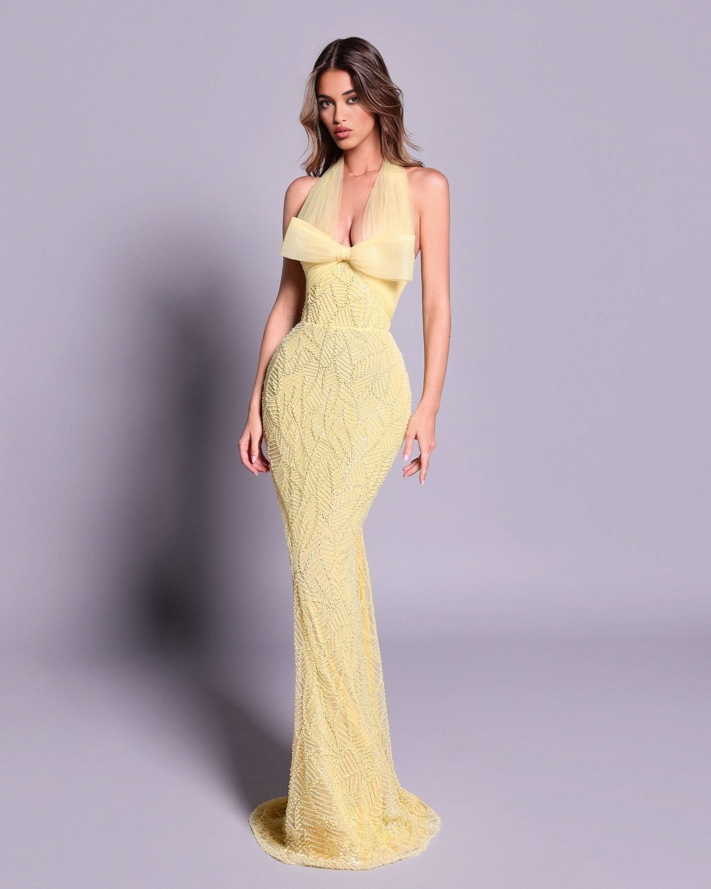 Yellow Halter Gown with Bow Detail & Beaded Sequin Embellishment