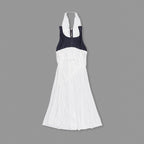 White Halter Deep V Denim Corset Draped Maxi Gown
