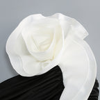 Black Satin A-Line Evening Gown with Sequin V-Neck & Chapel Train