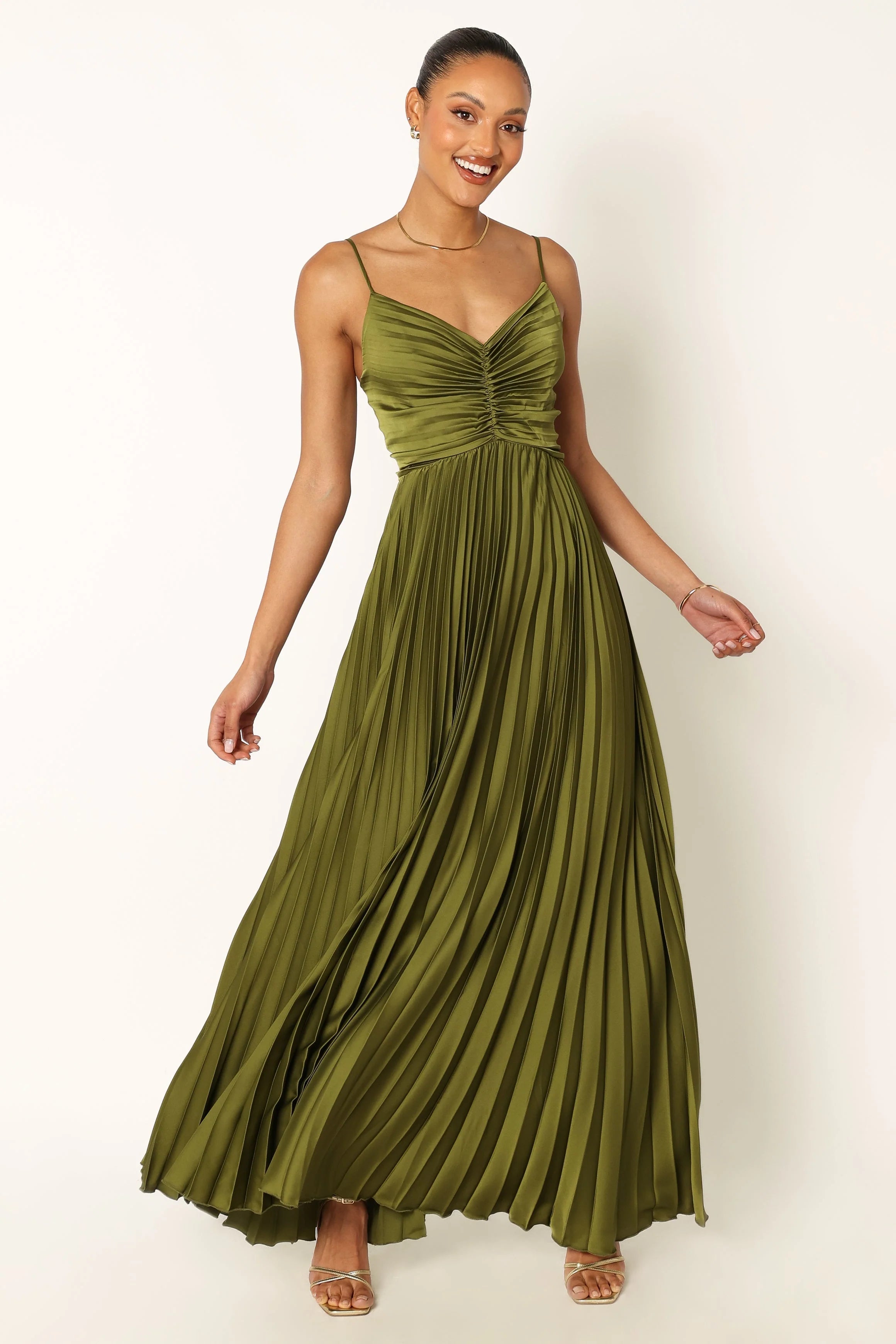 ladiesstreet Naira Pleated Maxi Dress - Palm Green thin adjustable straps soft feel partially lined 100% polyester Masquerade costumes