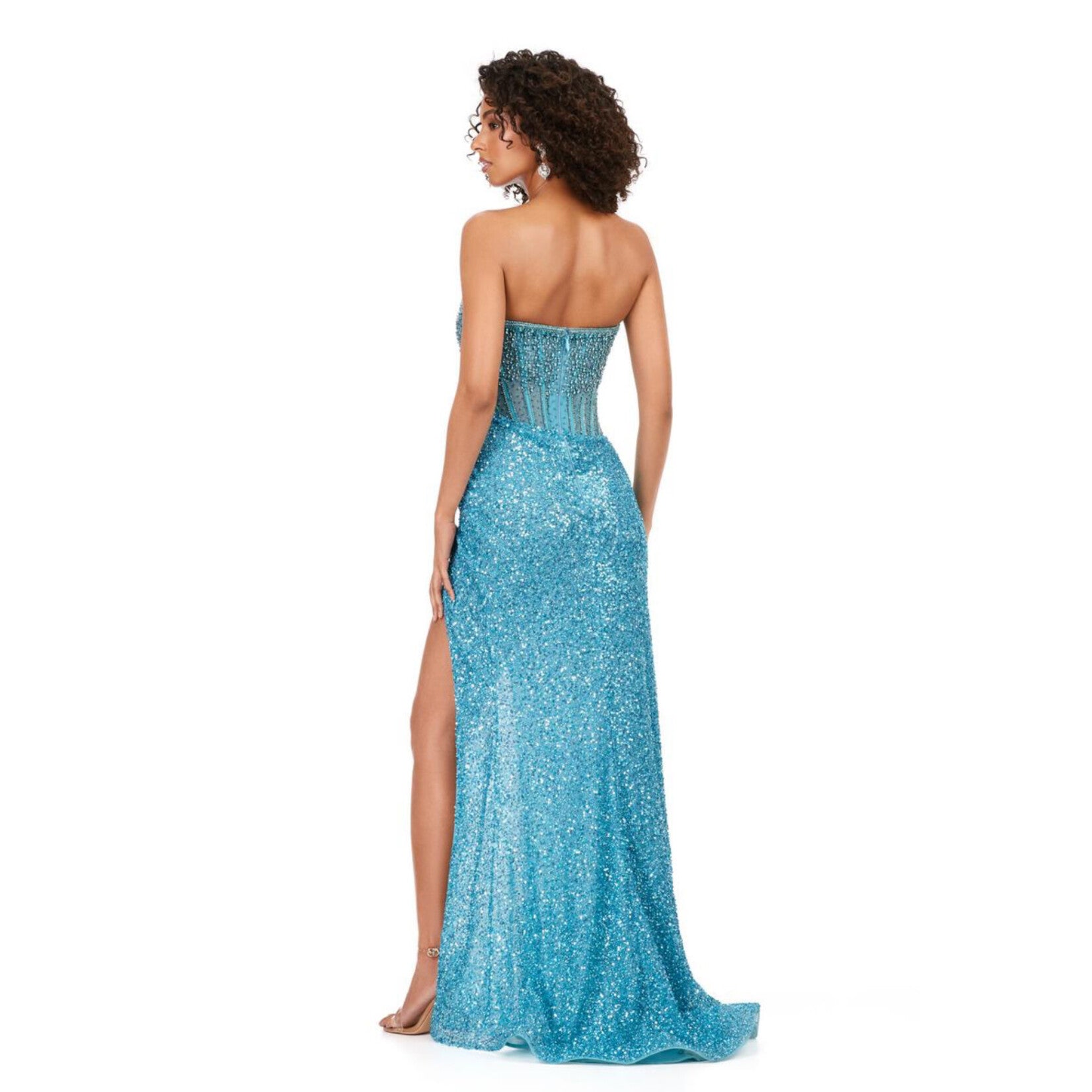 Aqua Sequin Strapless Slit Gown (Red Carpet Statement Piece)