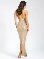 Glam Gold Sequin Strapless Gown: Slit Maxi Dress for Red Carpet & Gala