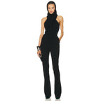 Luxury Black Hooded Halter Backless Wide-Leg Jumpsuit