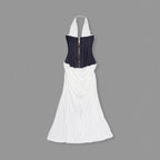 White Halter Deep V Denim Corset Draped Maxi Gown