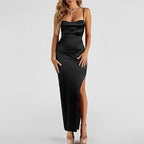 Satin slip dress with open back and side slit