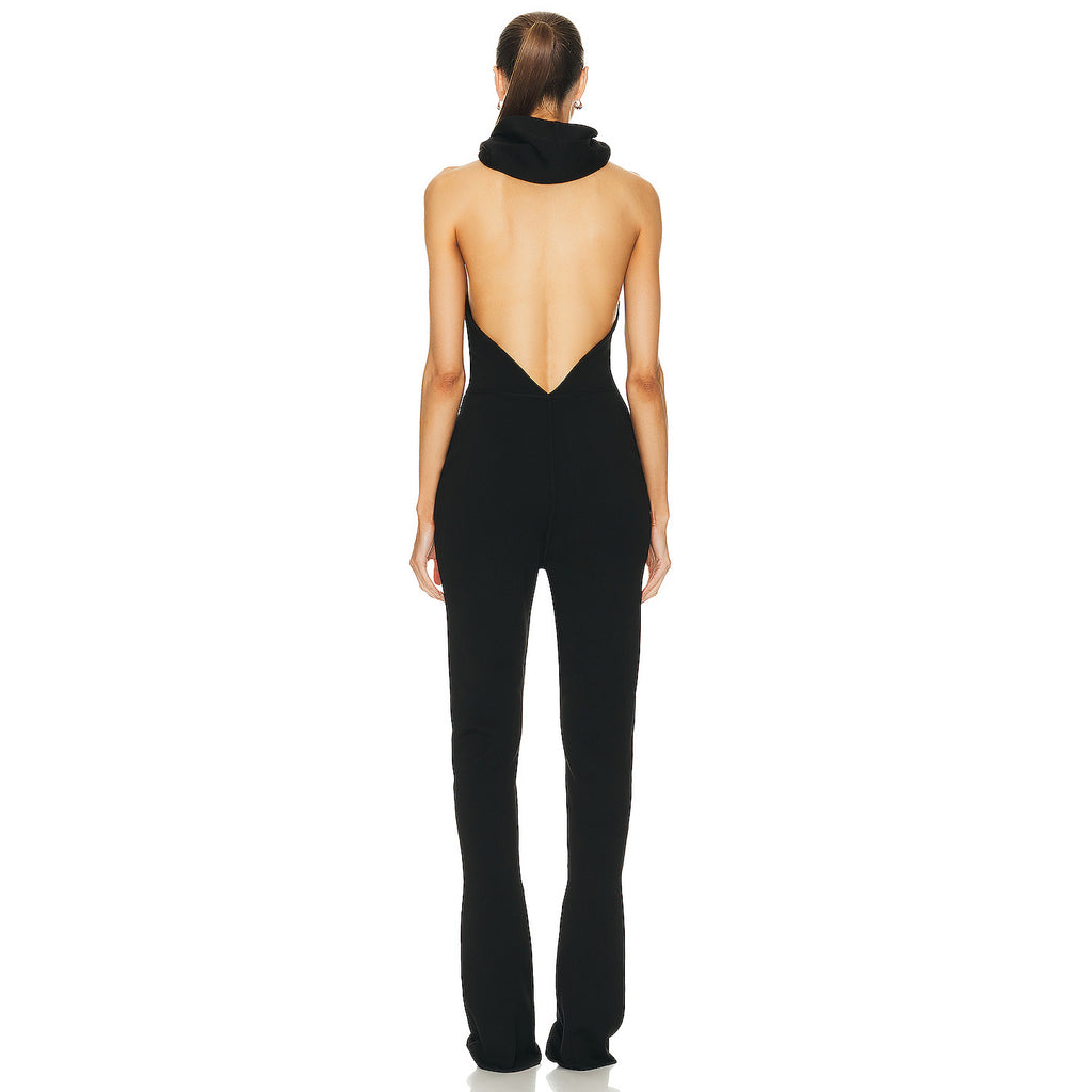 Luxury Black Hooded Halter Backless Wide-Leg Jumpsuit
