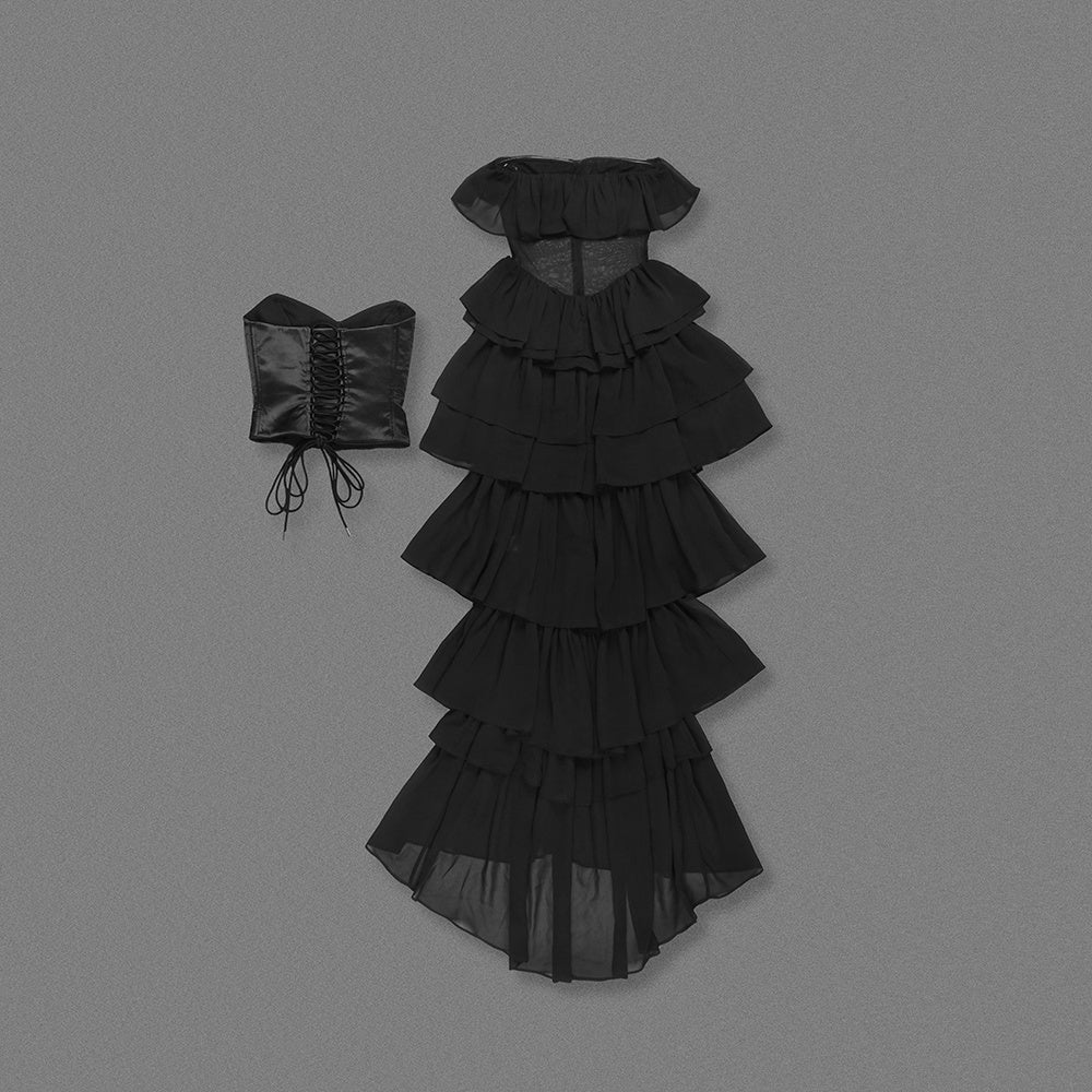 Vintage strapless satin corset-style tiered dress