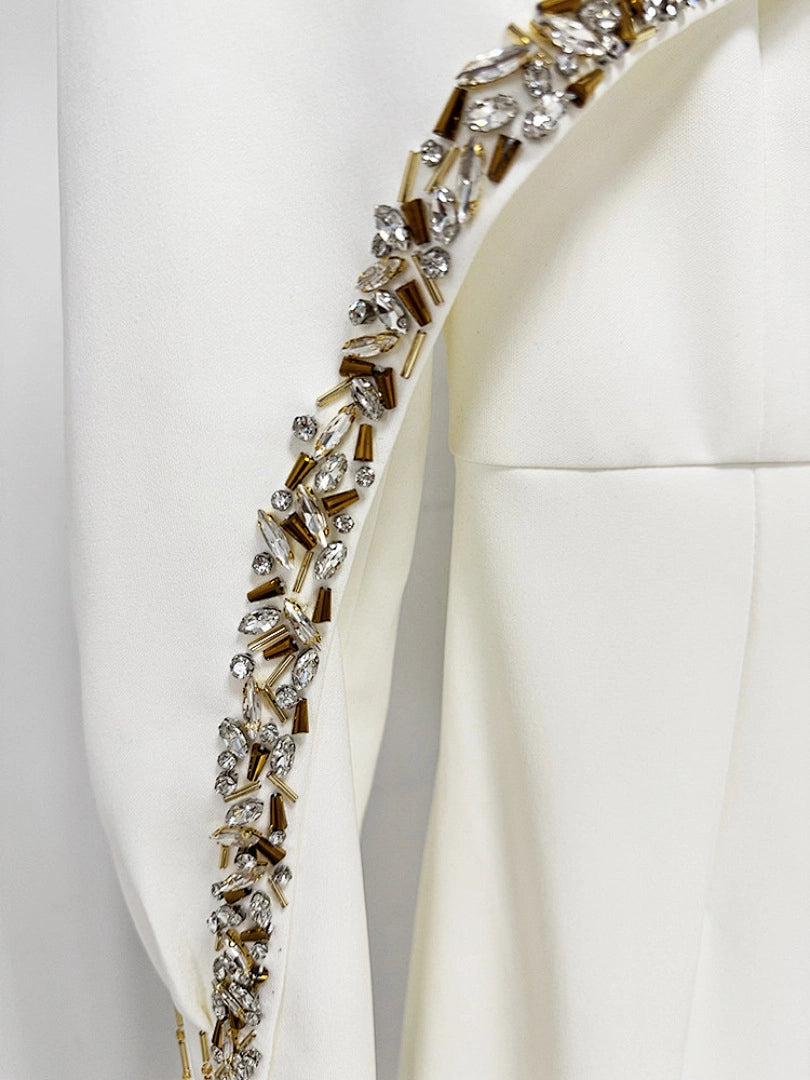 Navy Blue Satin Evening Gown with Crystal Embellishments & Sweetheart Neckline