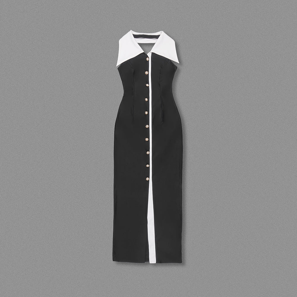 Black & Ivory Collared Midi Dress