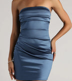 Non-slip strapless satin party dress with a bodycon fit.