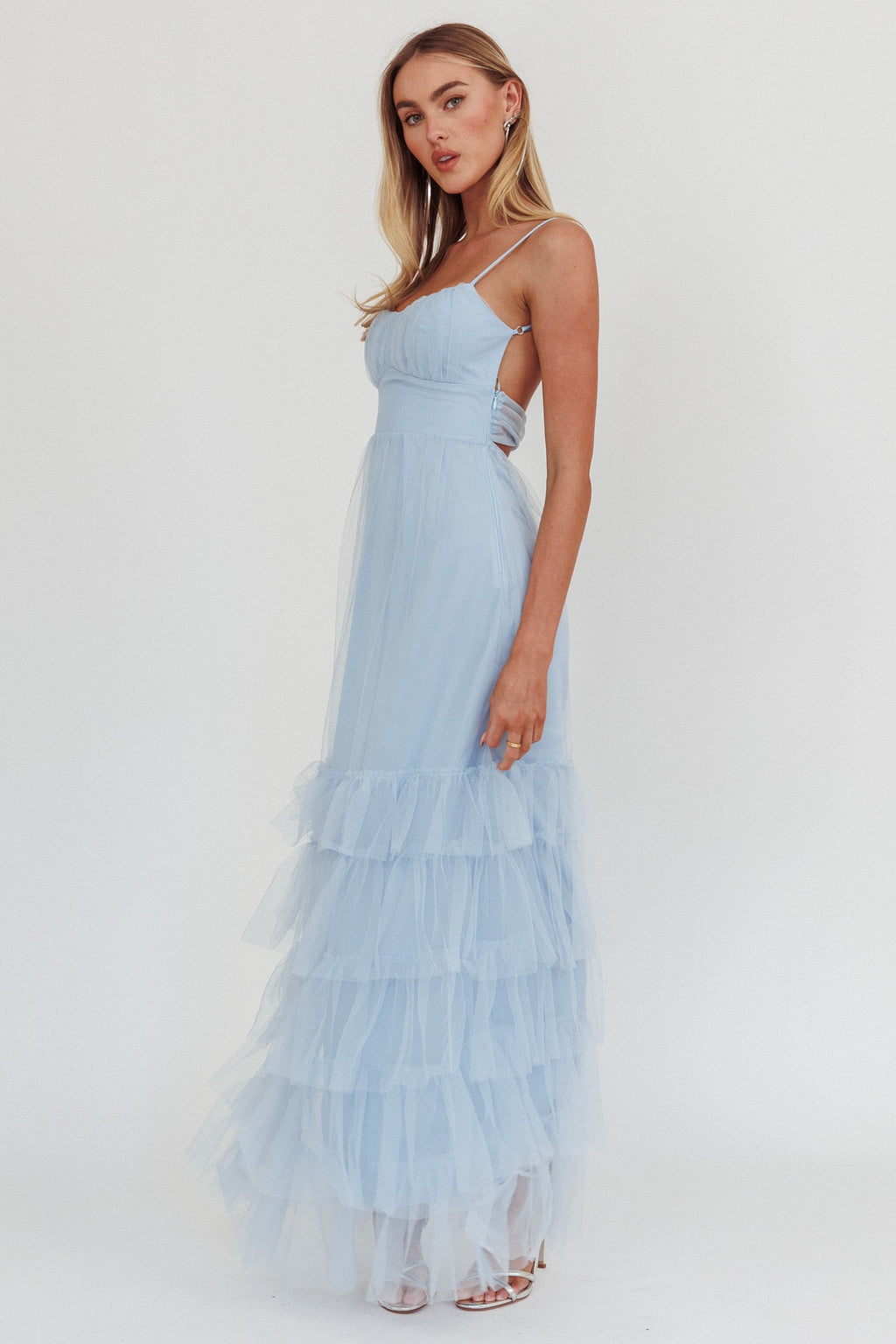Nerida Twist Back Frill Trim Mesh Maxi Dress Steel Blue