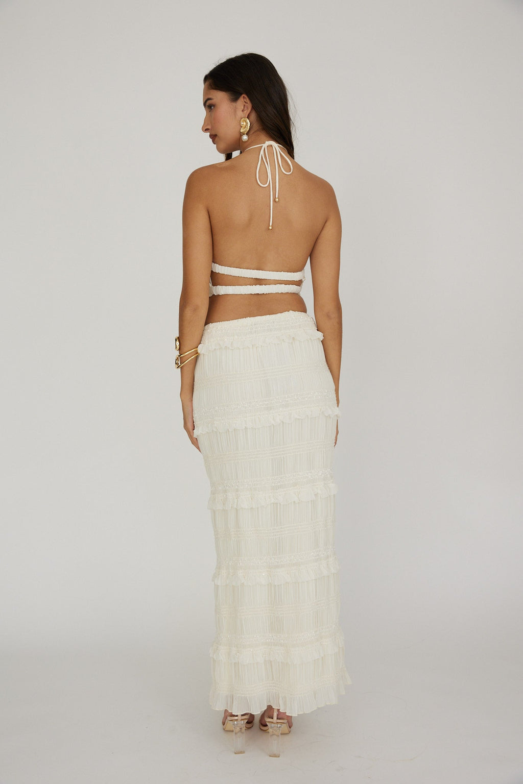 Helios Shirred Sequin Maxi Skirt Beige