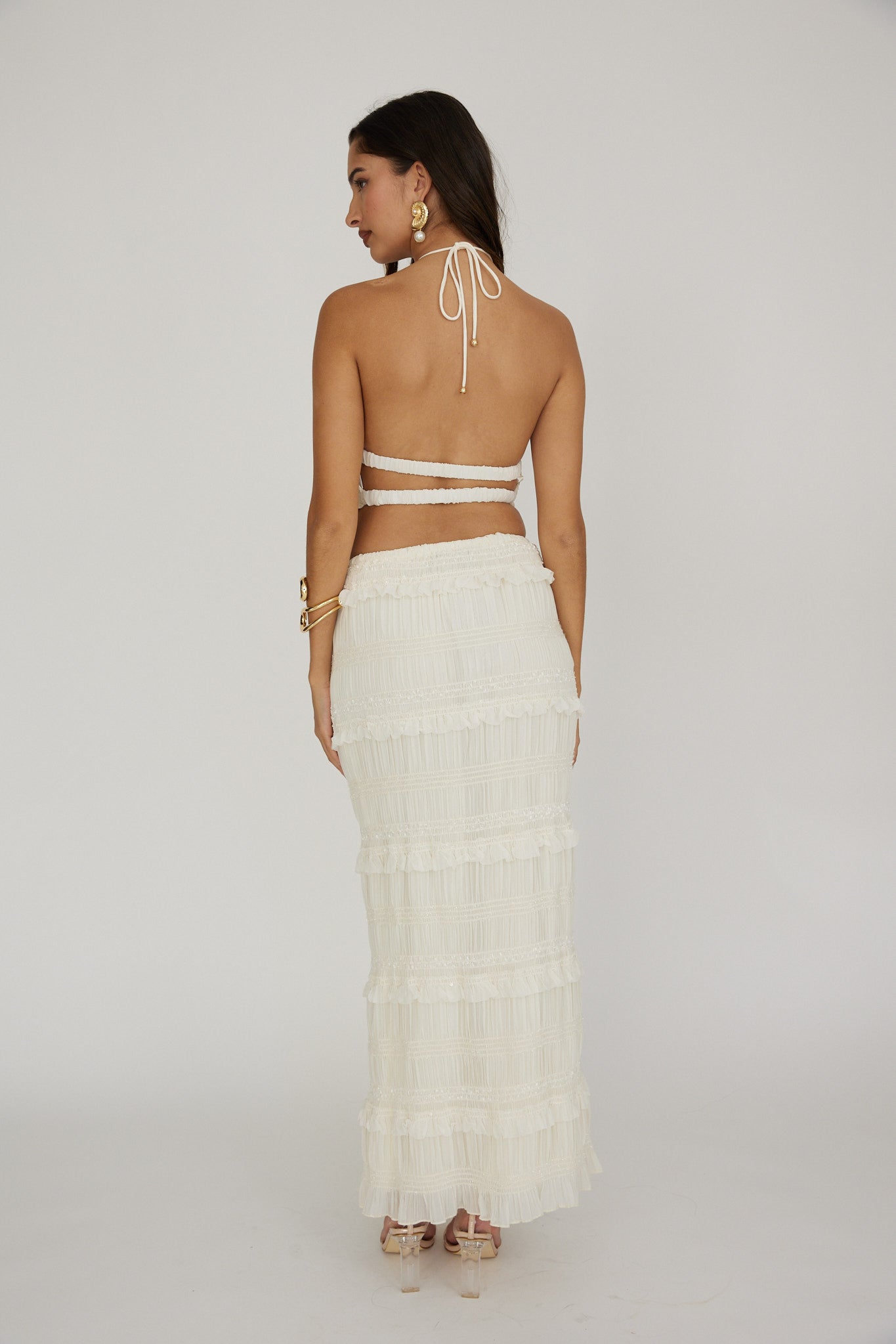 Helios Shirred Sequin Maxi Skirt Beige