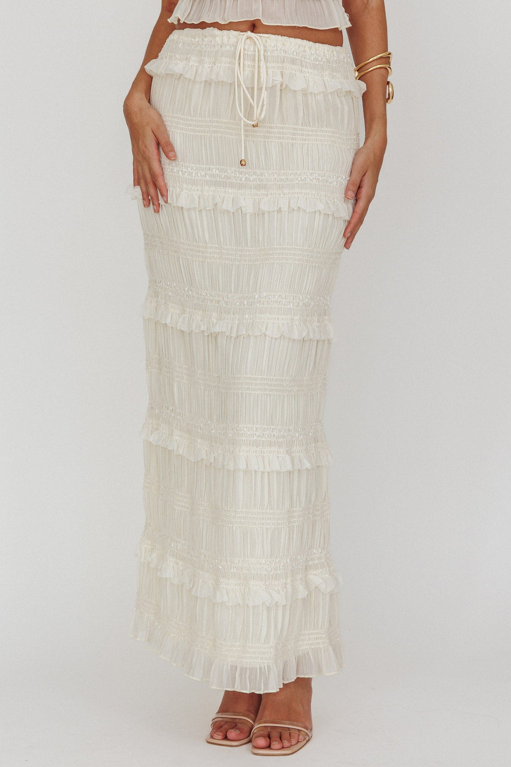 Helios Shirred Sequin Maxi Skirt Beige