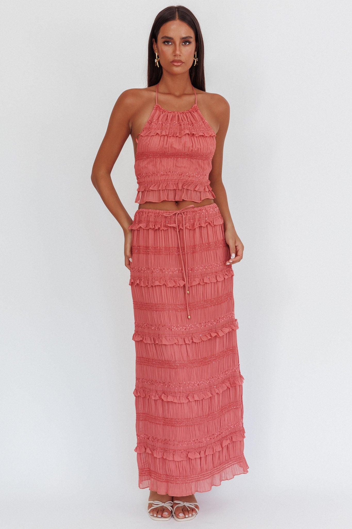 Helios Halterneck Shirred Sequin Top Rose