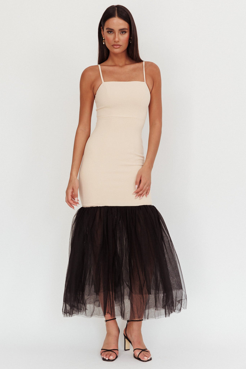 Tomie Tulle Hem Maxi Dress Beige Combo